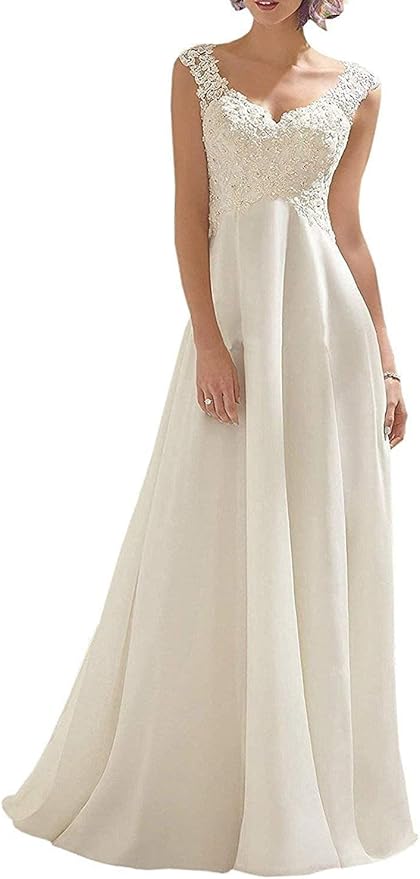Abaowedding Women’s Wedding Dress Lace Double V-Neck Sleeveless Evening Dress