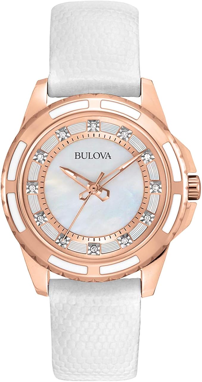 Bulova Ladies’ Classic Diamond 3-Hand Quartz Stainless Steel Watch, 12 Diamonds, Mother-of-Pearl Dial