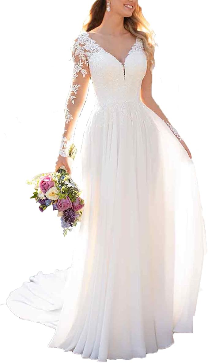 Wedding Dresses for Bride with Lace Appliques Chiffon A Line Women Dress Long Sleeves Beach Bride Dress