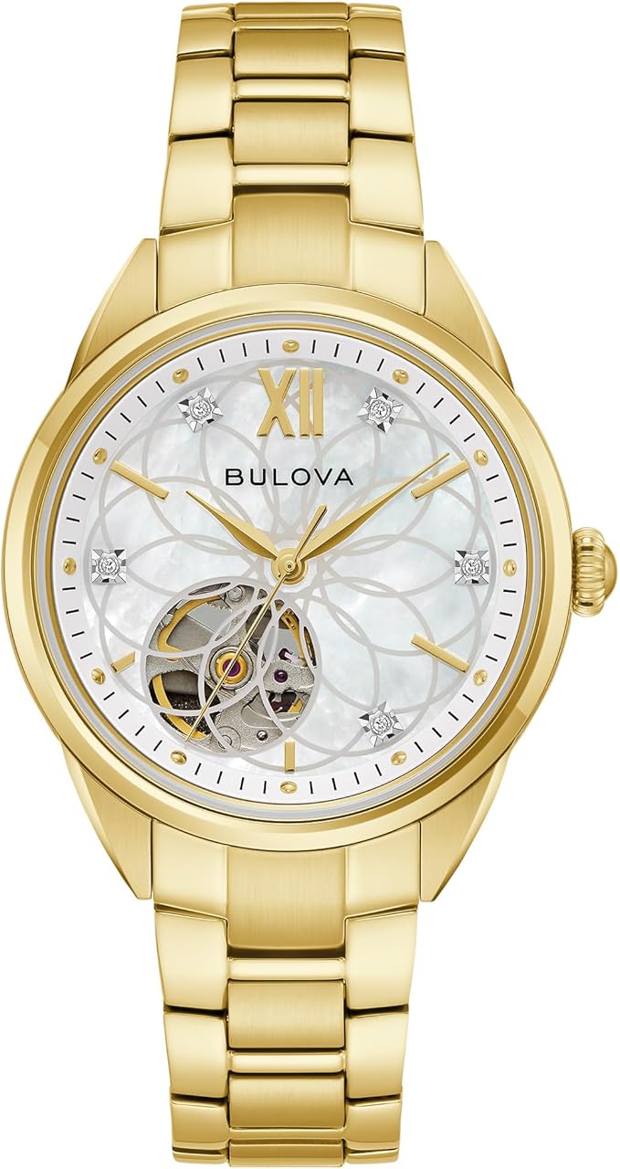 Bulova Ladies’ Classic Diamond 3-Hand Automatic in Stainless Steel, Mother-of-Pearl Dial and Open Aperture Dial