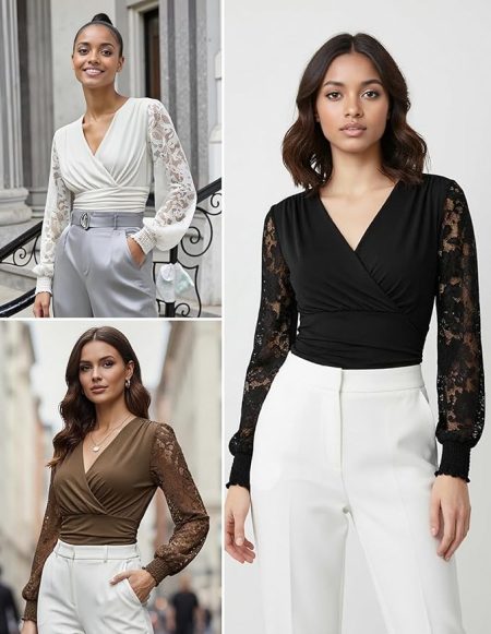 GRACE KARIN Womens Tops Dressy Casual, Elegant Lace Sleeve Shirts Wrap Ruched Blouses