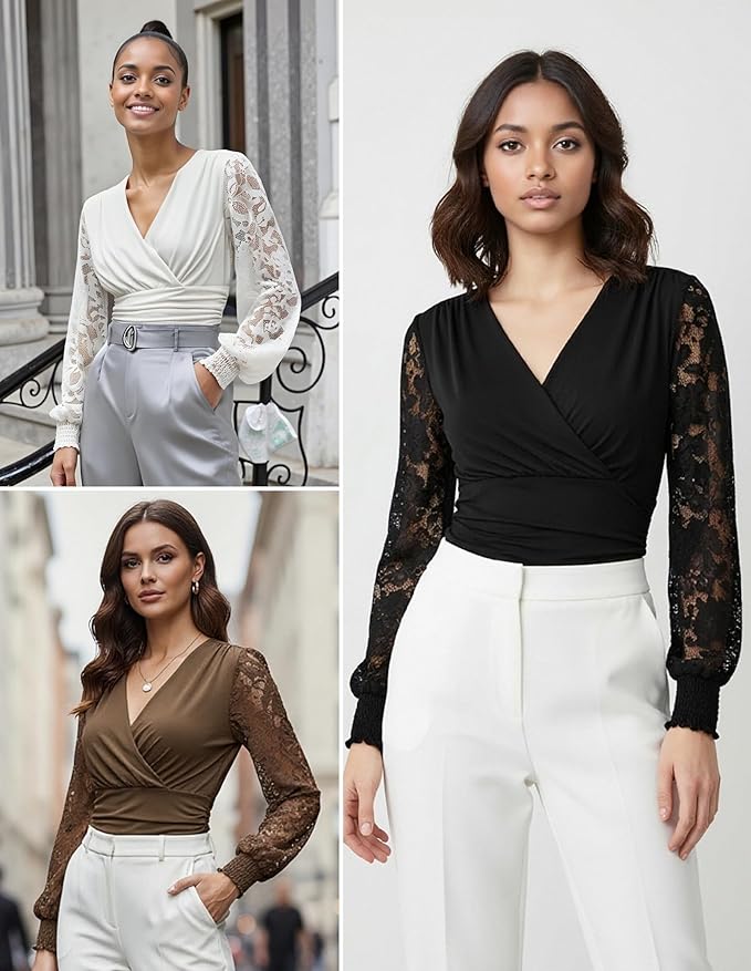 GRACE KARIN Womens Tops Dressy Casual, Elegant Lace Sleeve Shirts Wrap Ruched Blouses