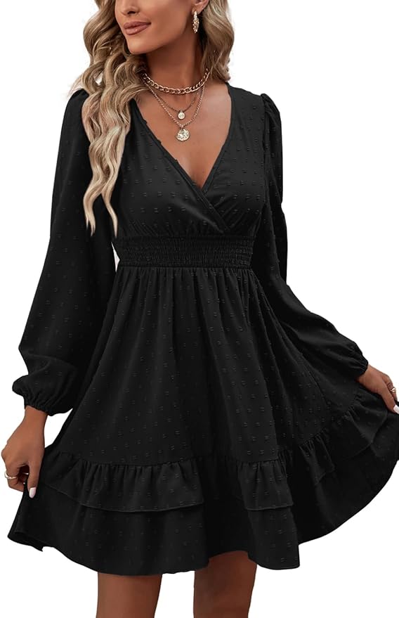 Rooscier Women’s Wrap V Neck Swing Ruffle Swiss Dots Long Sleeve Mini Dress
