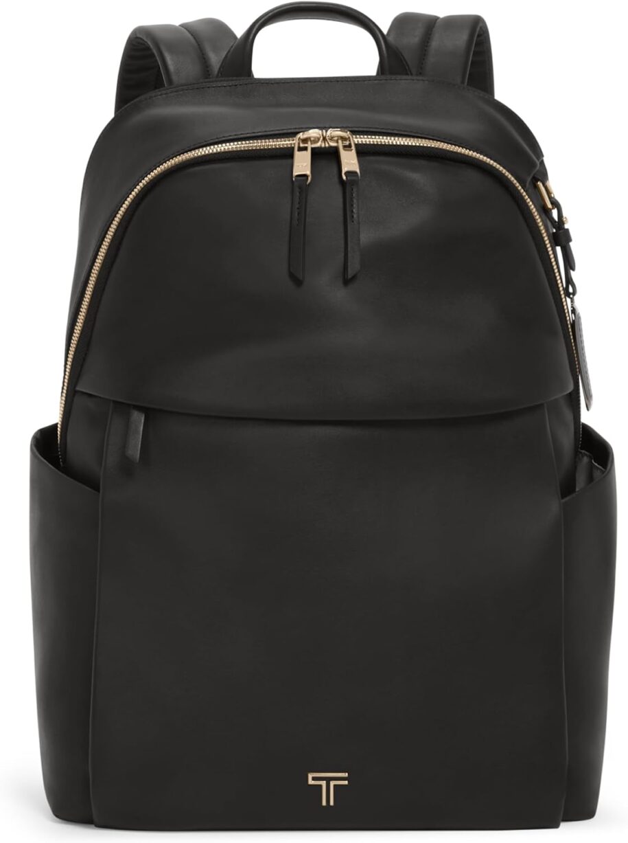 TUMI – Voyageur Raina Backpack – Women’s Premium Leather Backpack – Everyday Bag with Phone Pocket & Laptop Compartment – Black, Light Gold Hardware