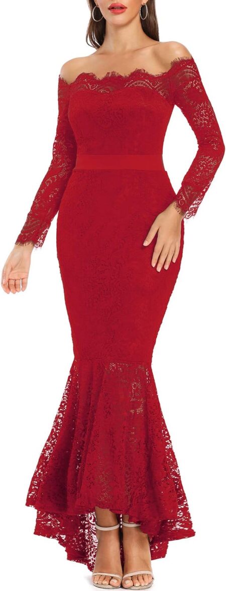 LALAGEN Women’s Floral Lace Long Sleeve Off Shoulder Wedding Mermaid Dress