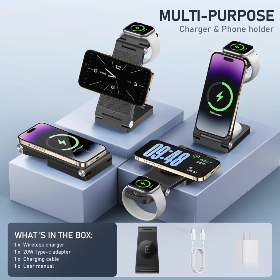 Magnetic Wireless Charger Stand, 3 in 1 Foldable Wireless Charging Station with 20W Adapter, Travel Charger for Multiple Devices for iPhone 17 16 15 14 13 12 Pro/Max/Plus/Mini, iWatch, AirPods