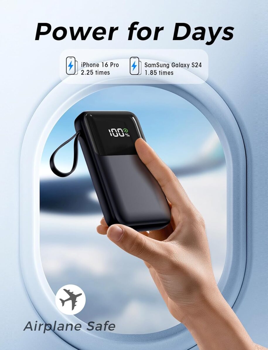 Power Bank, 15000mAh Portable Charger with Built in Cable, 22.5W Fast Charging, 6 Outputs, Slim Travel Essential Battery Pack with LED Display, Compatible with iPhone 17/16/15/14/13, iPad Black