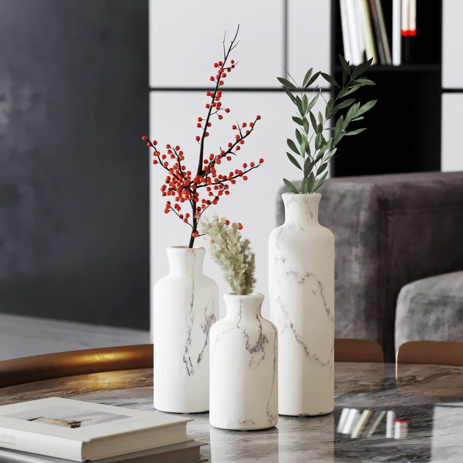 Creative Scents White Marble Look Vases Home Decor – Vase Set of 3 – Perfect for Holding Pampas Grass, Dried/Fresh Flowers, Vases for Your Kitchen, Bedroom, Office, Living/Dining Room, or Shelf Decor